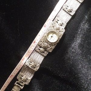 925 Sterling Silver Vintage Marcasite Watch white mother of pearl face.